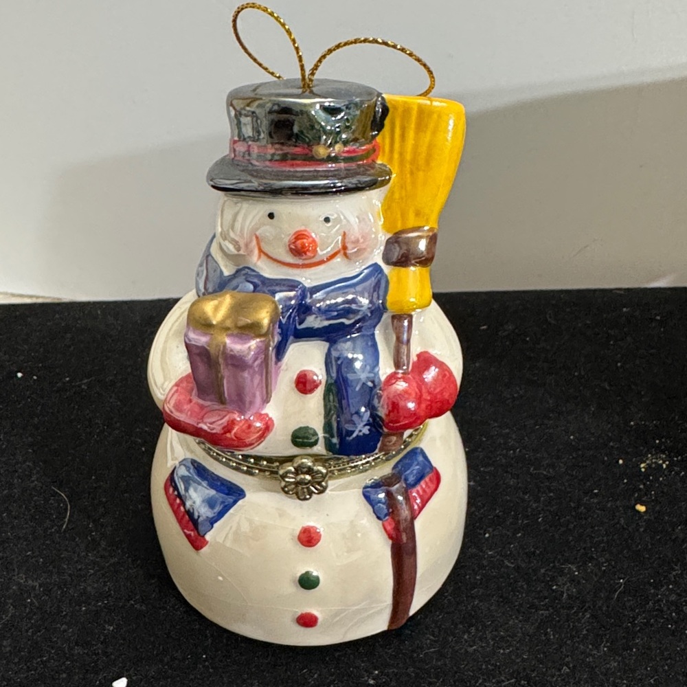 Mr. Christmas Porcelain Tree Hinged Music Box Ornament Snowman Ornament w/Broom